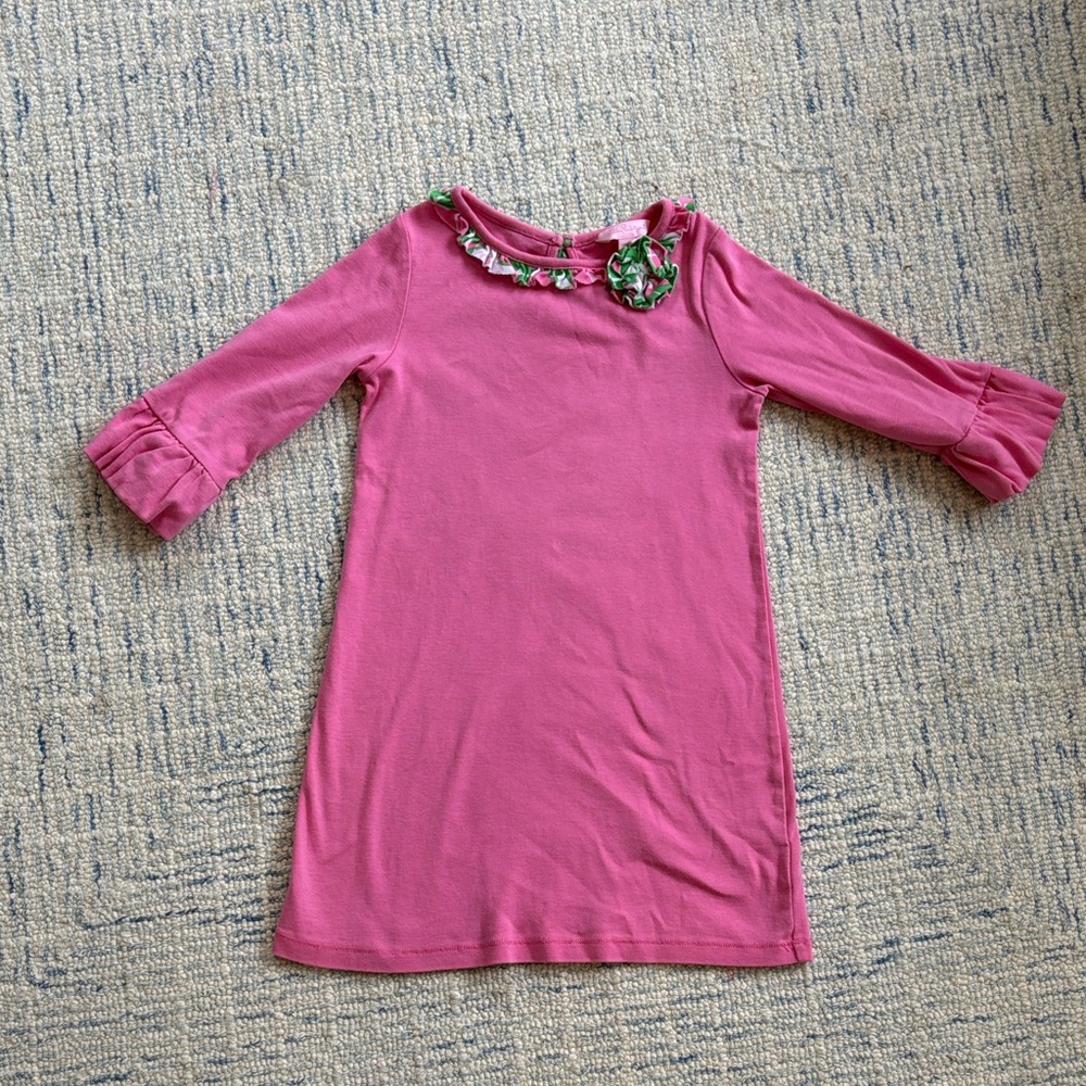 Lilly Pulitzer Pink Girls Dress with Green Floral Neck Trim